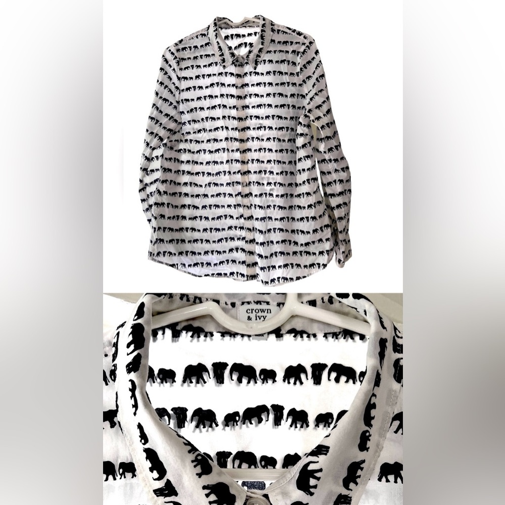 Crown & Ivy Elephant print. Collared button-down.  Excellent condition, no flaws